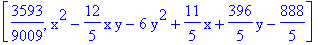[3593/9009, x^2-12/5*x*y-6*y^2+11/5*x+396/5*y-888/5]